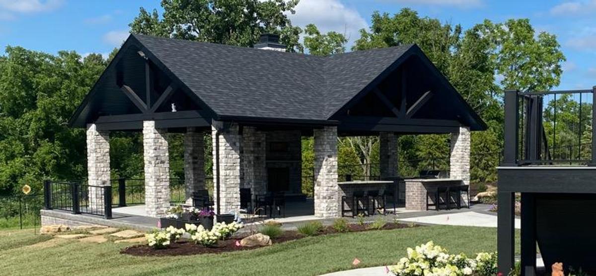 Stone pavilion with patio area